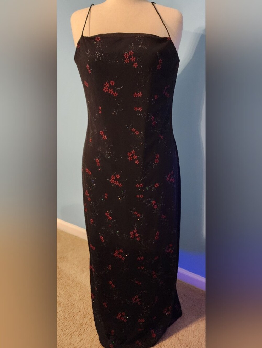 Fashion Bug Black Maxi Slip Dress with Red Floral Print